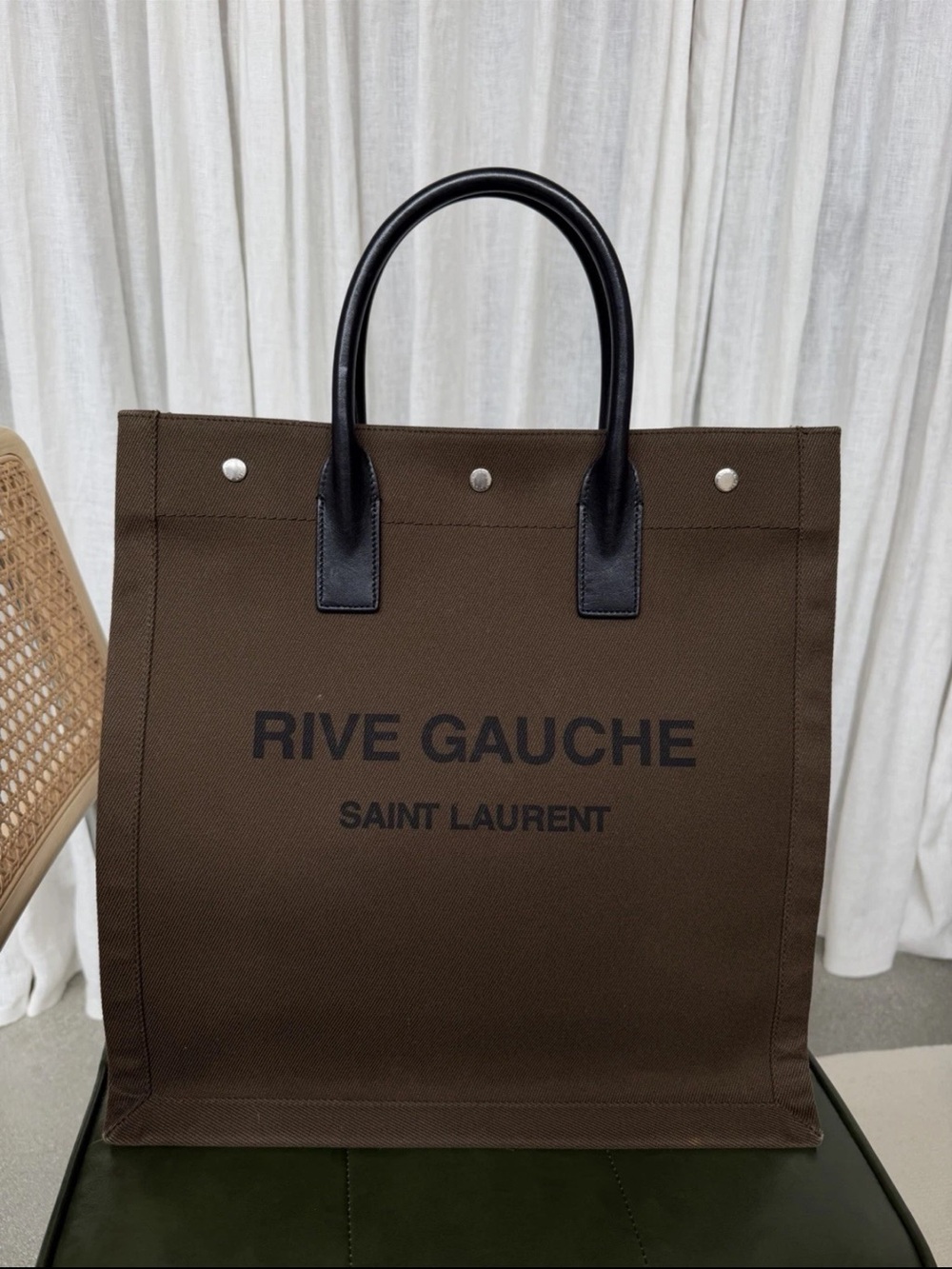 Saint Laurent Rive Gauche Dark Brown Canvas Tote with Black Handles